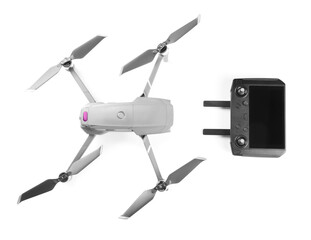 Modern drone with controller on white background, top view
