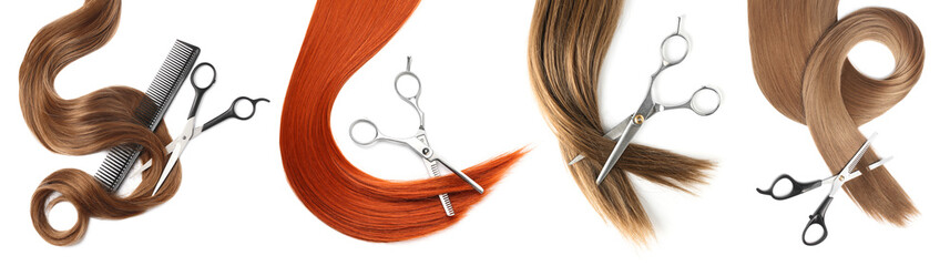 Set with different locks and scissors on white background, top view. Hairdresser service - obrazy, fototapety, plakaty