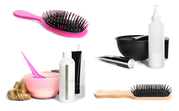 Set with different hairdresser supplies on white background