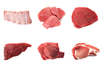 Set with raw meat on white background, top view