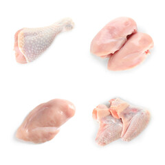 Set with raw chicken meat on white background, top view