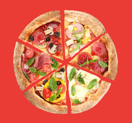 Slices of different pizzas on red background, top view