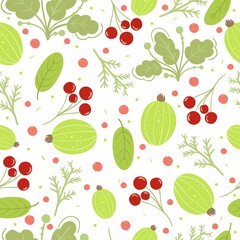 Seamless pattern with different berries. Vector background with summer leaves, gooseberry. Colorful illustration. Vector for wallpaper, textile, wrapping.