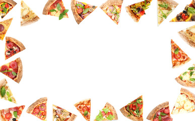 Frame with slices of different pizzas on white background, top view