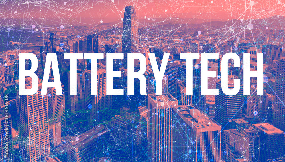 Poster battery tech theme with abstract network patterns and downtown san francisco skyscrapers