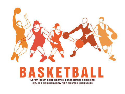 Basketball players men with balls in orange silhouettes vector design