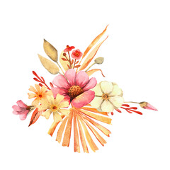 Watercolor floral composition with dried palm leaves is trendy colors hand painted illustration. Perfect for boho style wedding decoration, cards, invitation