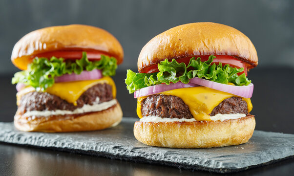 two beefy cheeseburgers with american cheese, lettuce tomato and onion