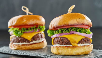 two tasty cheeseburgers with american cheese