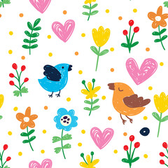 Spring seamless pattern with cute birds