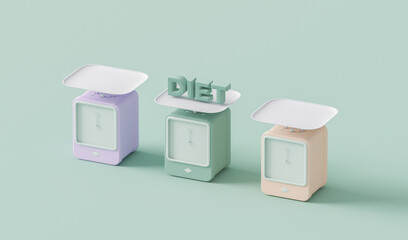 Diet concept to weight management and weighing scales. Trendy 3d render for social media banners, promotion. Pastel blue and white colors scene. 
