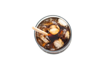 Ice coffee in a glass glass cup a tube on white background, view from above