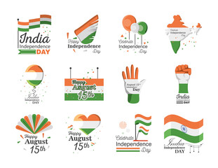 Happy india independence day icon set detailed style icon vector design