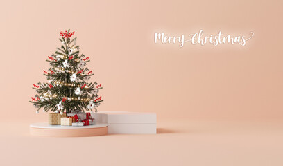 Minimal scene with podium and abstract background. 3D Christmas trees, LED neon light on wall, Merry Christmas alphabet. Design of sparkling lights garland, with gifts box