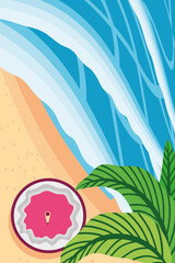 Beach with sea coconut cocktail and leaves top view detailed style icon vector design