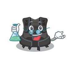 Super Genius Professor of scuba buoyancy compensator Caricature character working on a lab