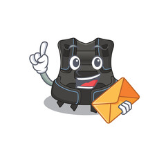A picture of cheerful scuba buoyancy compensator caricature design concept having an envelope