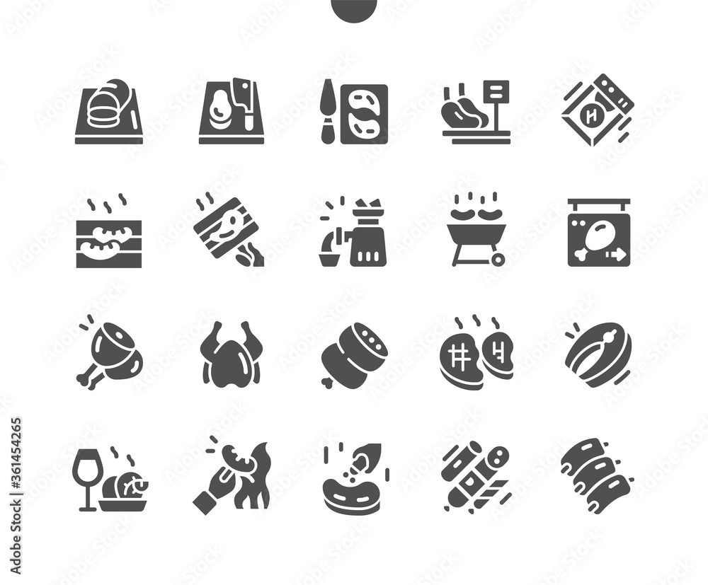 Poster meat well-crafted pixel perfect vector solid icons 30 2x grid for web graphics and apps. simple mini