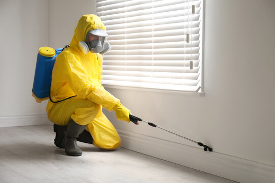 Pest control worker in protective suit spraying pesticide near window indoors