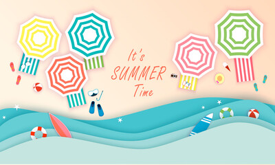 Fototapeta premium Vector beach with waves, umbrellas, bright towels and blue surfing board