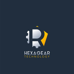 Negative Space R Letter Logo, Techno Hexagonal Gear Vector Design Logo