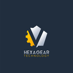 Negative Space V Letter Logo, Techno Hexagonal Gear Vector Design Logo