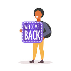 schoolboy with backpack holding welcome back board coronavirus quarantine is over back to school concept full length vector illustration