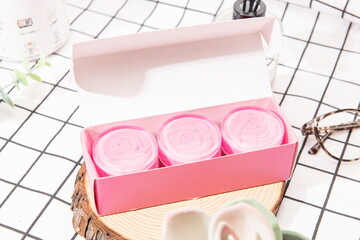 Rose shaped soaps in a box in your home.