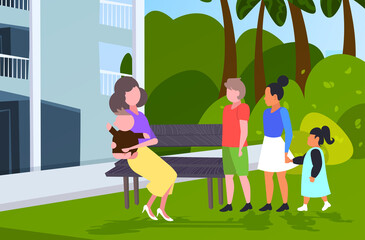 parents with children discussing during meeting people walking outdoor communication concept horizontal full length vector illustration