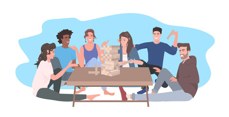 people playing jenga spending time together mix race friends having fun table games concept horizontal full length vector illustration