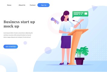 business woman take speech web landing page