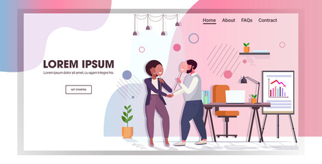 unhappy businesspeople covering face emotions behind positive mask insincerity in business hypocrite agreement concept office interior full length copy space vector illustration