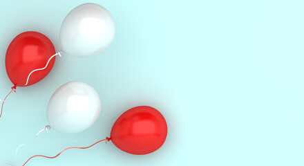 Happy Independence Day of Indonesia, decoration background, greeting card, banner, template, flyer, balloon on blue, copy space text, 3D illustration.