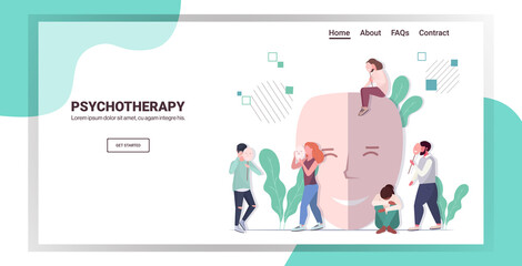 depressed people holding positive masks men women covering face emotions behind masks fake feeling depression mental disorder psychotherapy concept full length copy space horizontal vector