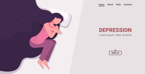 upset woman crying depressed girl lying in bed depression problems stress pain psychology concept horizontal full length copy space vector illustration