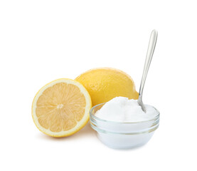 Baking soda and cut lemons on white background