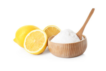 Baking soda and cut lemons on white background