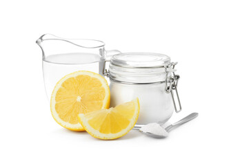 Baking soda, vinegar and lemon on white background