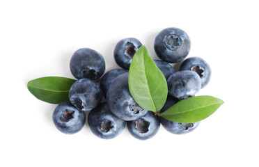 Fresh ripe blueberries on white background, top view