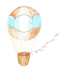 Watercolor hand painted hot air balloon illustration. Isolated on white background. Great for cards posters prints