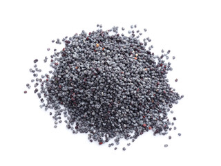 Pile of dry poppy seeds isolated on white, top view