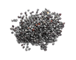 Pile of dry poppy seeds isolated on white, top view