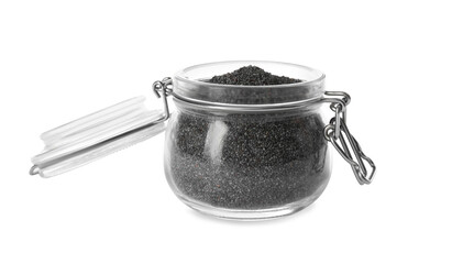 Poppy seeds in jar isolated on white