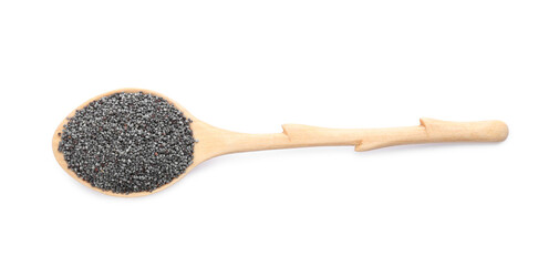 Spoon with poppy seeds isolated on white, top view