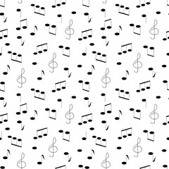 music notes and treble clef hand drawn seamless pattern in doodle style. scandinavian, monochrome. For the design of wallpaper, wrapping paper, textiles. music melody