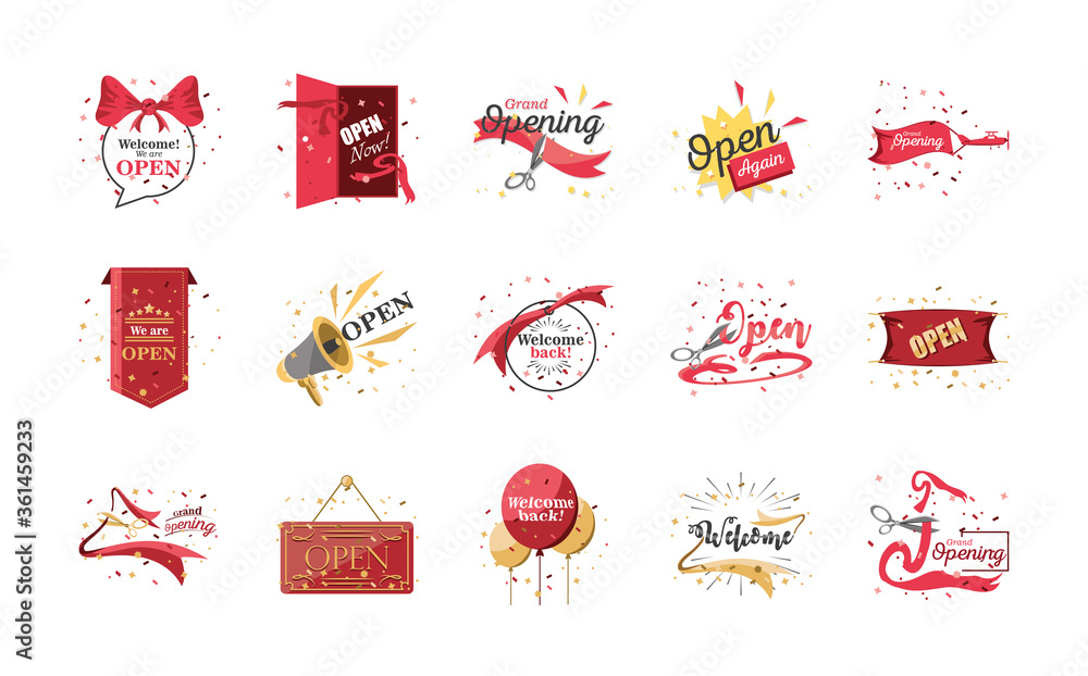 Poster welcome and open day detailed style icon set vector design