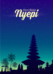 Fototapeta premium Black traditional balinese temple silhouette on night sky background. Nyepi greetings poster template. Vector illustration