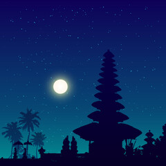Bali temple vector silhouette on night starry sky background with shining moon