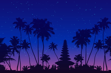 Dark palm trees and balinese temple silhouettes on night sky background. Vector illustration