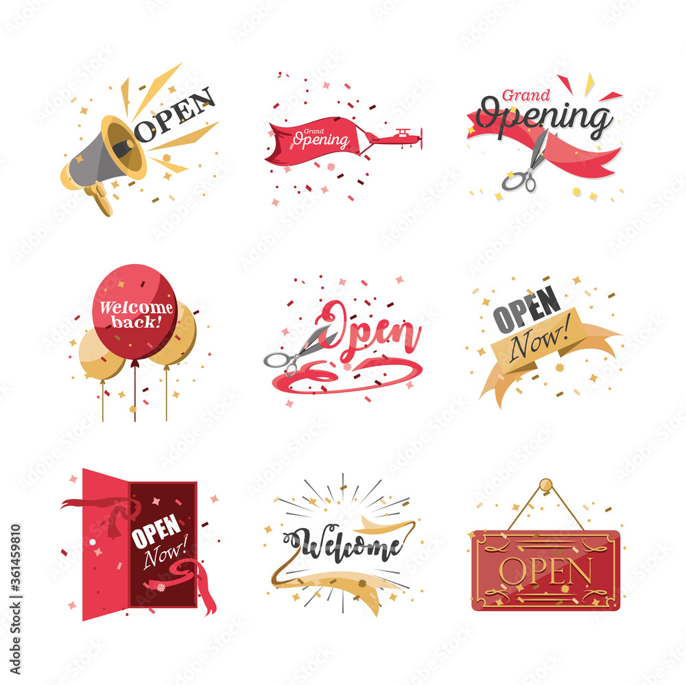 Poster welcome and open day detailed style icon set vector design